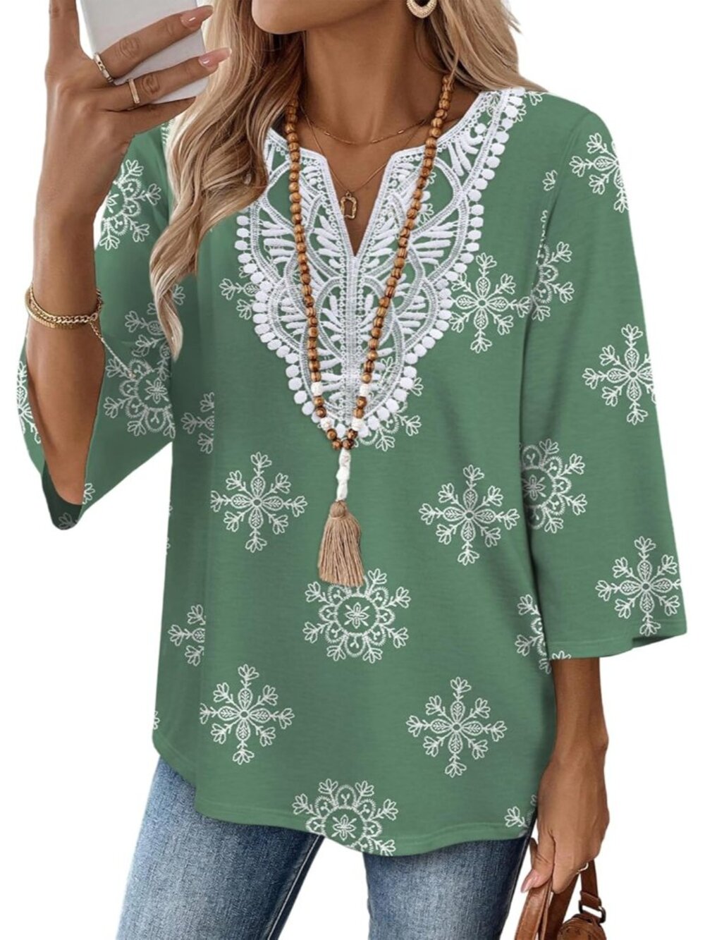 Women's Tops Green 3/4 Length Sleeve Boho V Neck Lace Casual Vacation Clothes